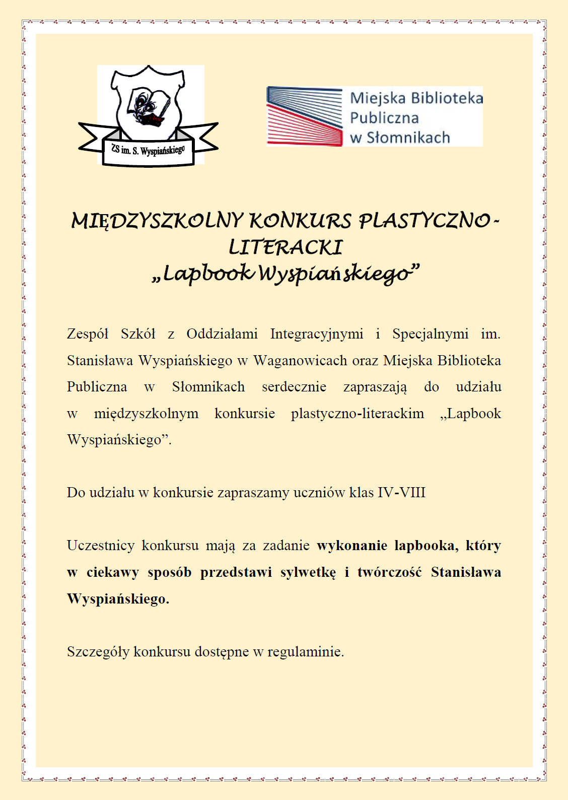 Zapraszamy do Międzyszkolnego Konkursu Plastyczno-Literackiego "Lapbook Wyspiańskiego"