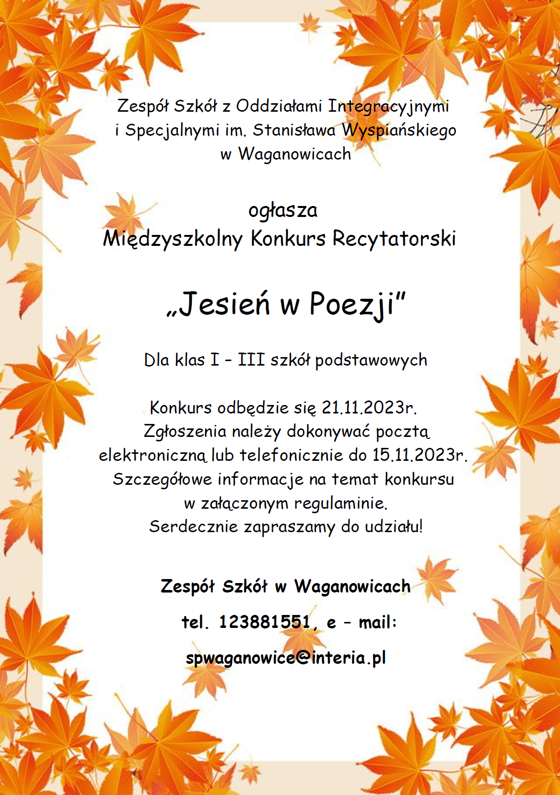 Zapraszamy do Międzyszkolnego Konkursu Recytatorskiego "Jesień w poezji"