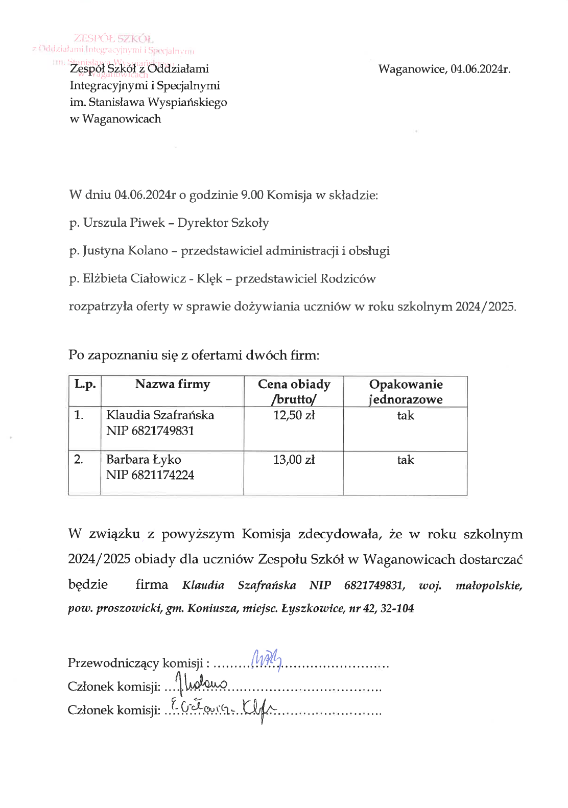 Rozpatrzenie ofert obiadów dla uczniów na rok szkolny 2024/2025