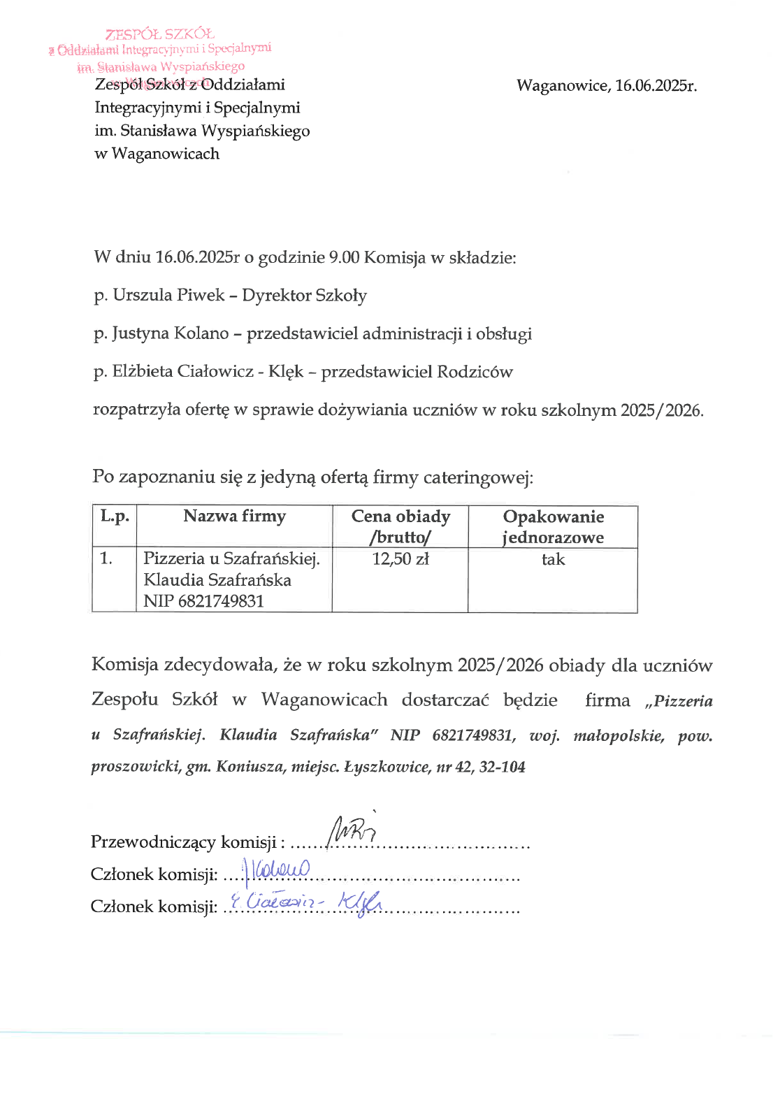 Rozpatrzenie ofert obiadów dla uczniów na rok szkolny 2025/2026