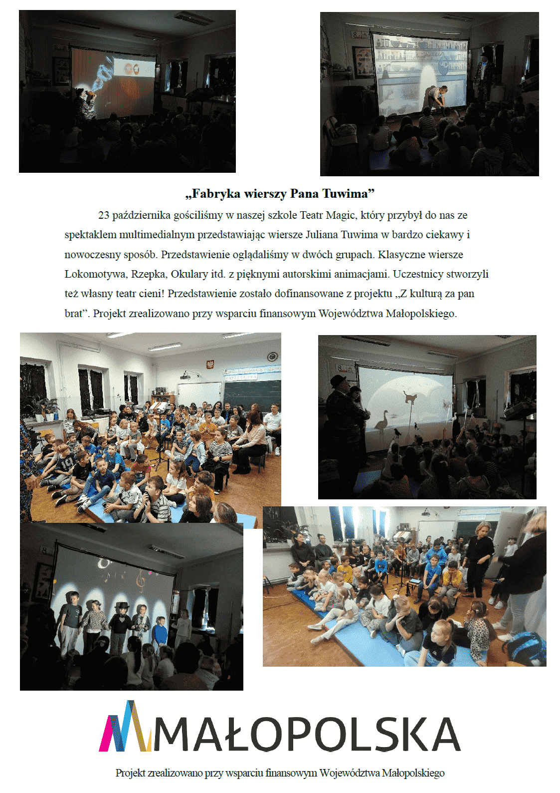 Dzieci oglądające multimedialny spektakl „Fabryka wierszy Pana Tuwima” w wykonaniu Teatru Magic, z animacjami do wierszy Juliana Tuwima i zabawą w teatr cieni