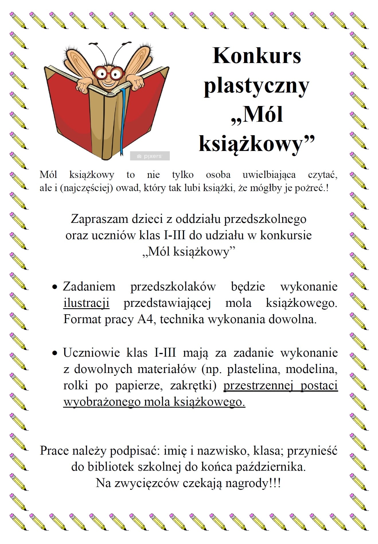 Plakat konkursu promujący konkurs plastyczny pt. 'Mól książkowy'