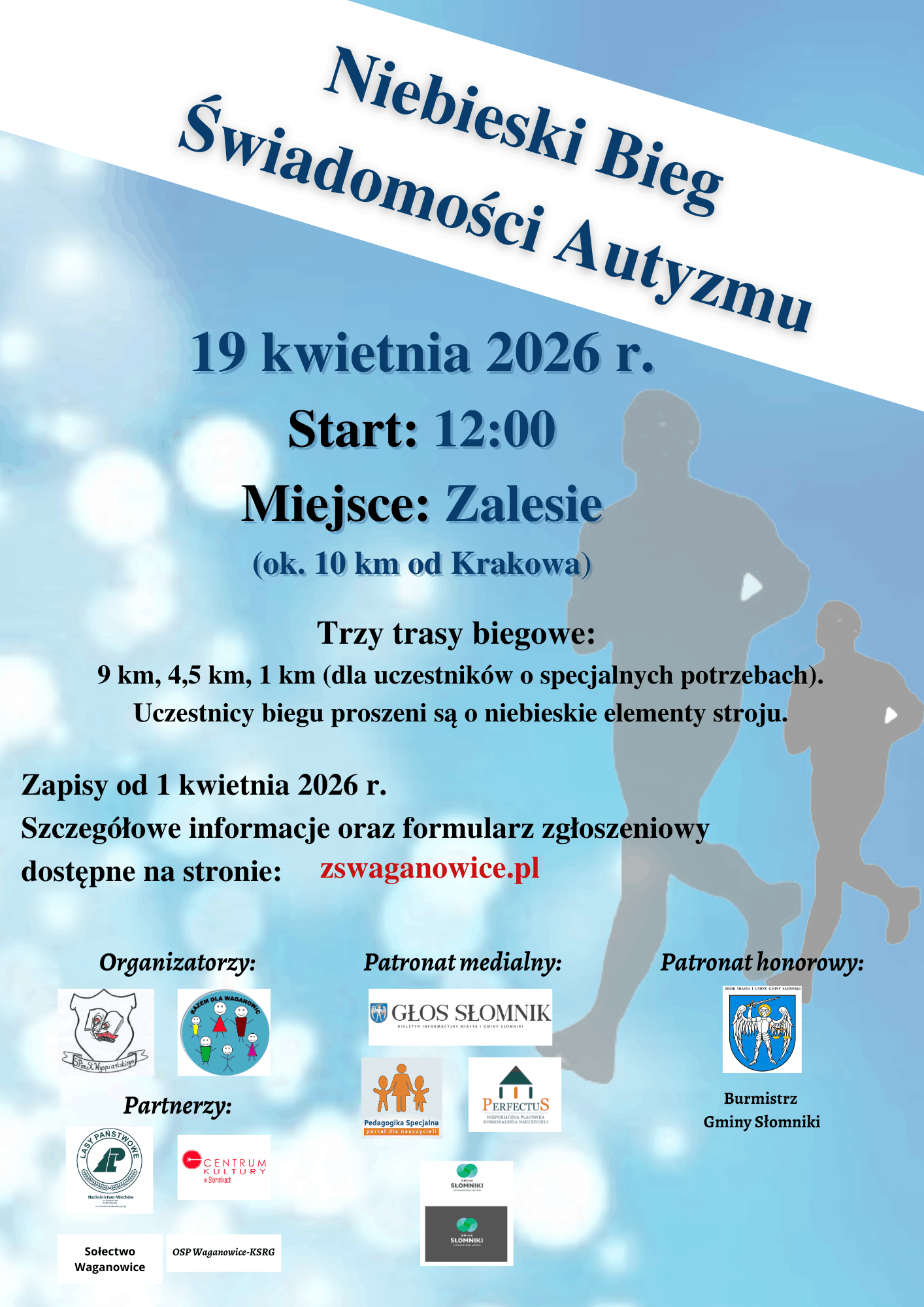 Plakat Niebieskiego Biegu Świadomości Autyzmu 2026 z informacjami o organizatorach i patronatach. Szczegółowe informacje w regulaminie w formularzu elektronicznym