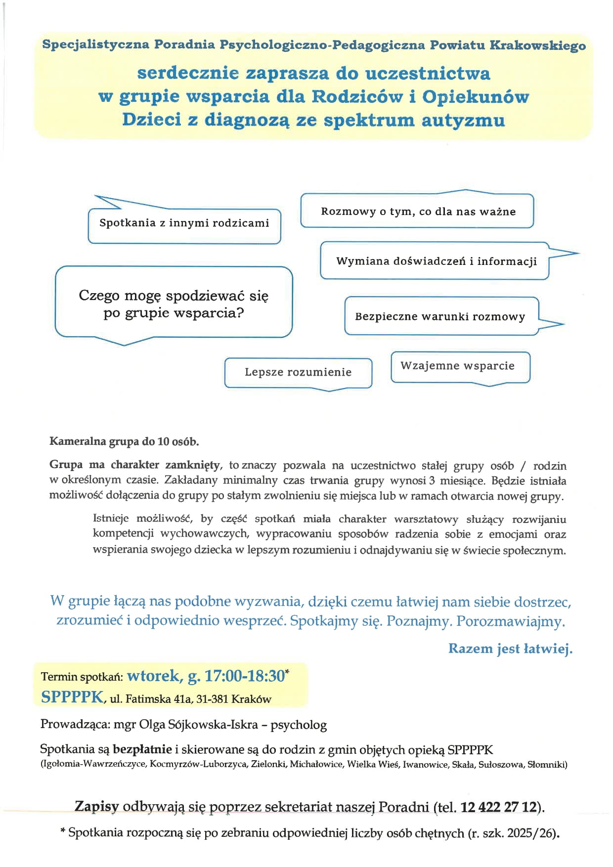 Plakat zaproszenia do uczestnictwa
w grupie wsparcia dla Rodziców i Opiekunów Dzieci z diagnozą ze spektrum autyzmu