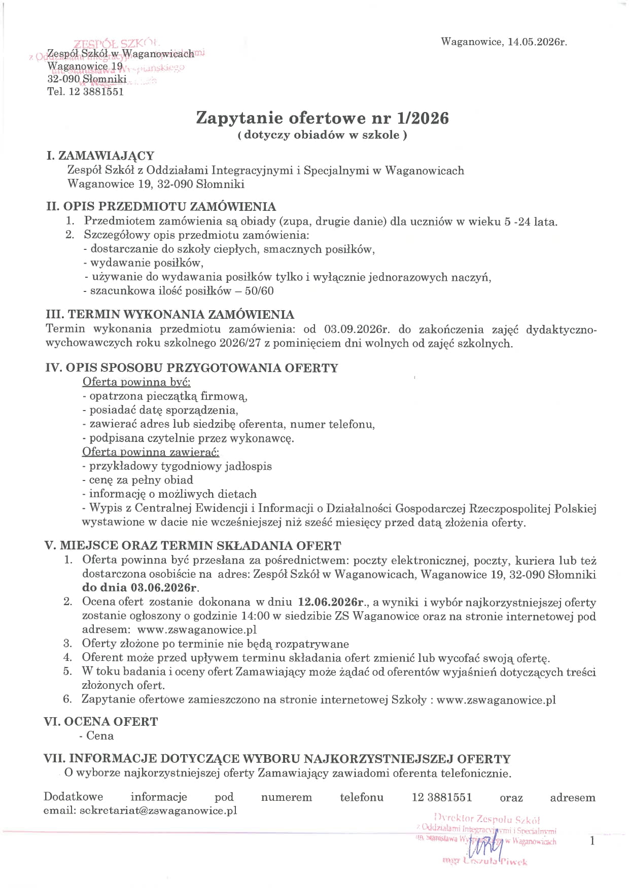 Skan dokumentu 'Zapytanie ofertowe nr 1/2026 (dotyczy obiadów w szkole)'
