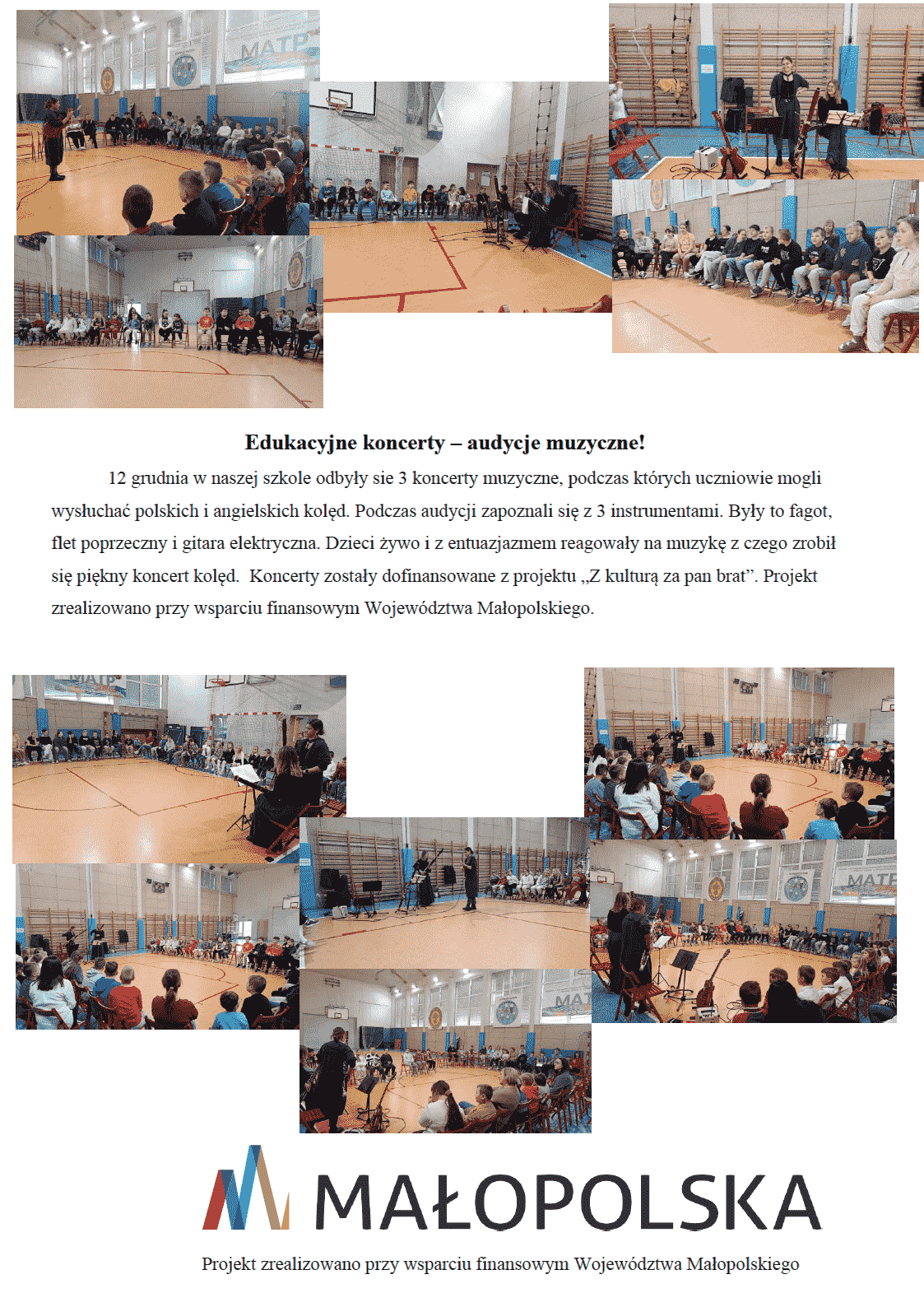 Uczniowie na sali gimnastycznej słuchają koncertów muzycznych