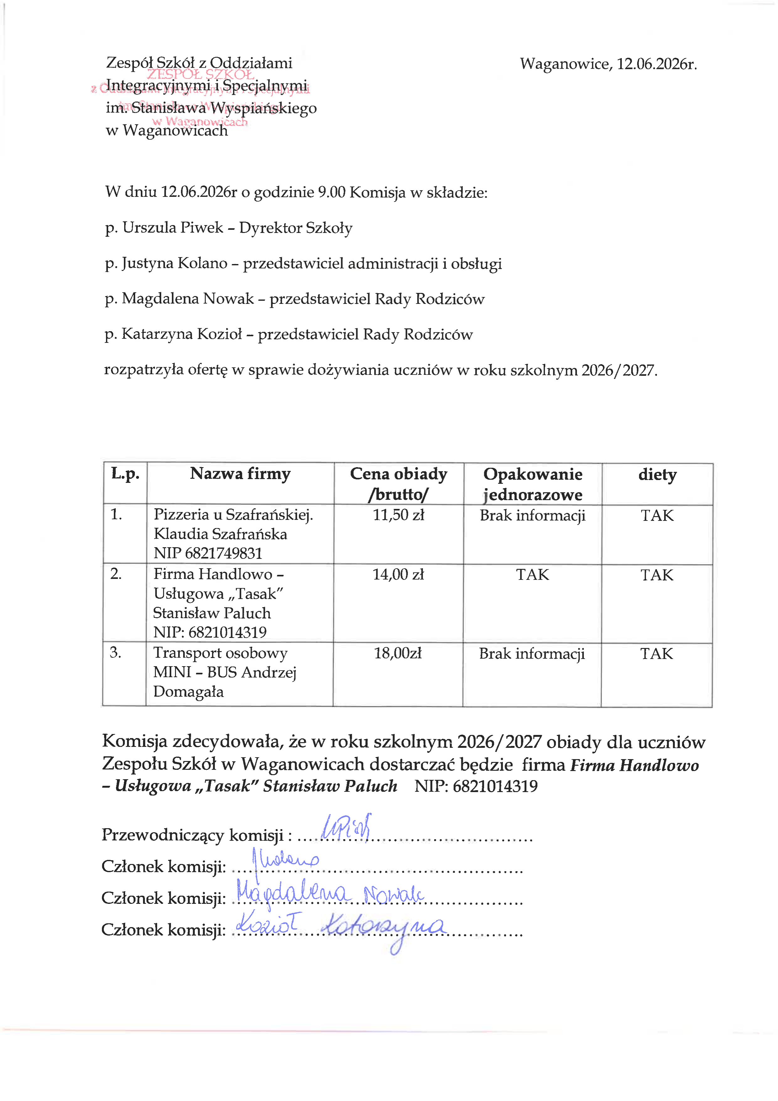 Skan dokumentu 'Rozpatrzenie ofert obiadów dla uczniów na rok szkolny 2026/2027'