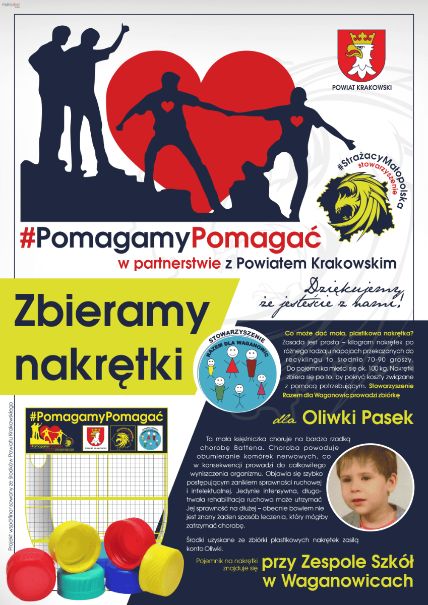 Plakat Zbieramy nakrętki z Projektu #PomagamyPomagać