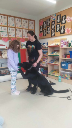 Imbir, certyfikowany dogoterapeuta, wita się z uczniami Zespołu Szkół w Waganowicach podczas zajęć z dogoterapii, zdjęcie 5 z 5