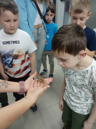 Edukator pokazuje uczniom na dłoni mieszkańca motylarni, zdjęcie 1 z 5