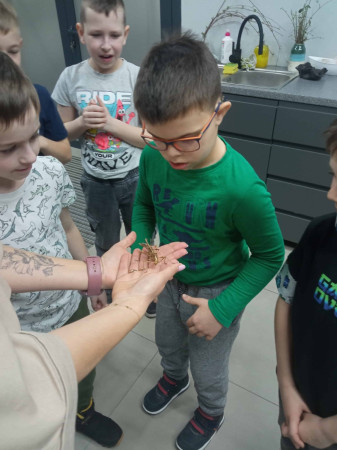 Edukator opowiada o mieszkańcach motylarni, prezentując uczniom żywego owada, zdjęcie 2 z 5