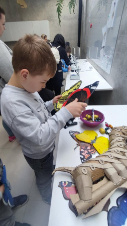 Uczniowie korzystają z mikroskopów w czasie zajęć w motylarni, zdjęcie 2 z 5