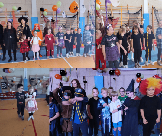 Uczniowie biorący udział w zabawie andrzejkowej pełnej tańców, kolaż zdjęć 1 z 5