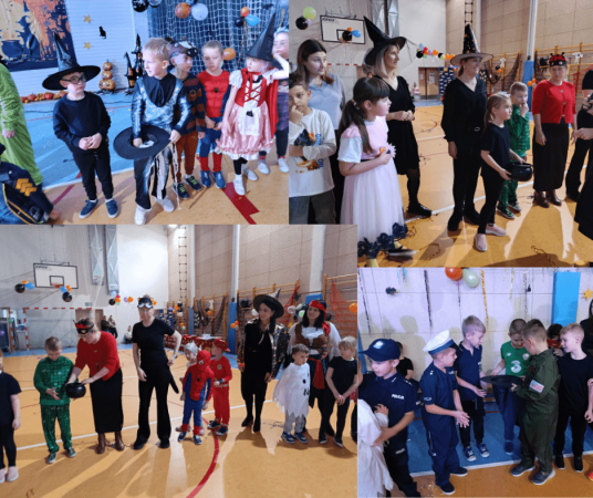 Uczniowie oglądający pokazy i bawiący się podczas szkolnych Andrzejek, kolaż zdjęć 5 z 5